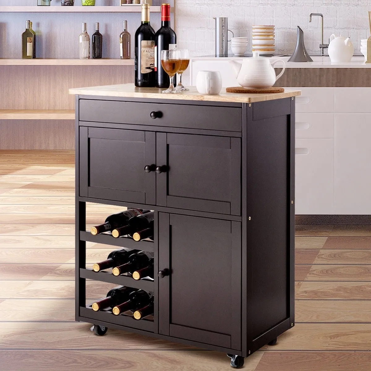 Brown Wood Mobile Kitchen Island Cart Cabinet with Wine Rack and Drawer