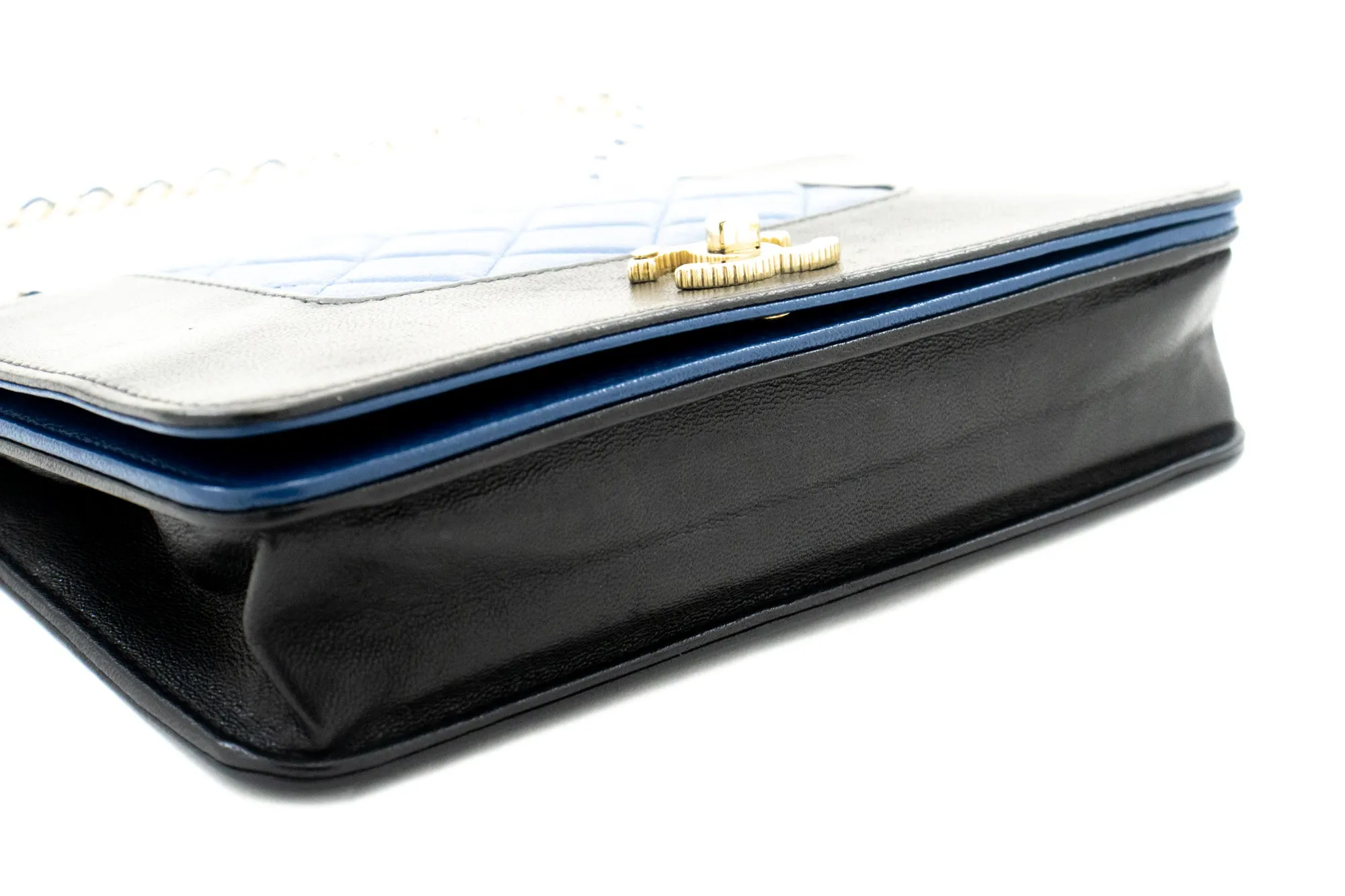 CHANEL Black Blue Wallet On Chain WOC Shoulder Bag Crossbody Gold L05