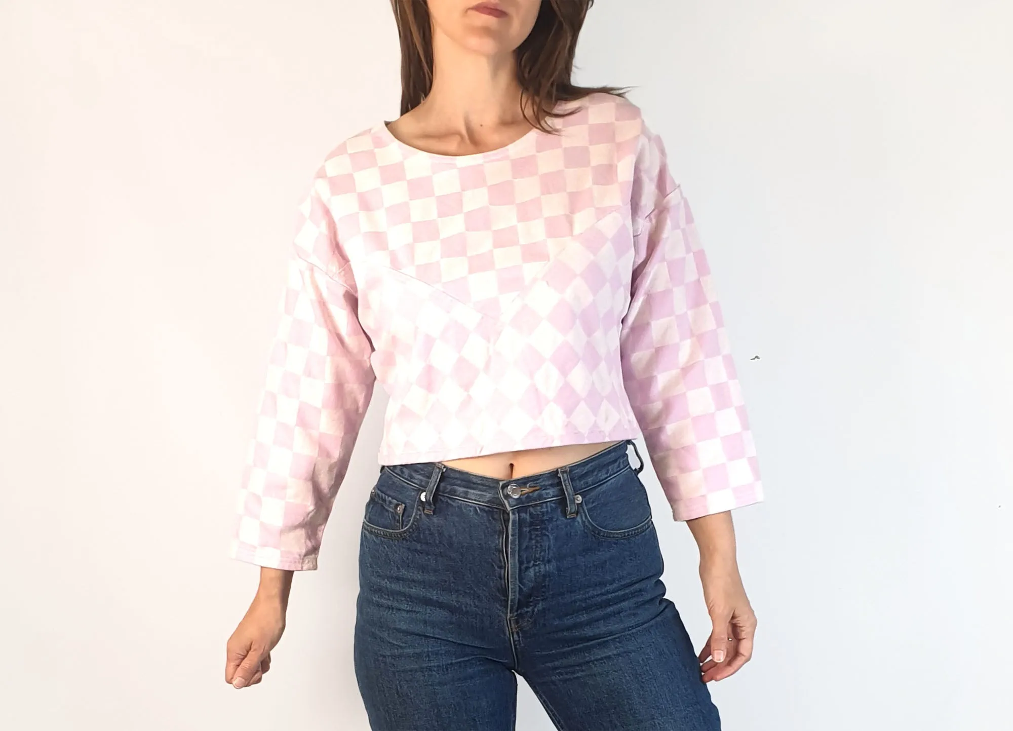 Gorman cropped pink and white check print top size 6, fits 6 and 8