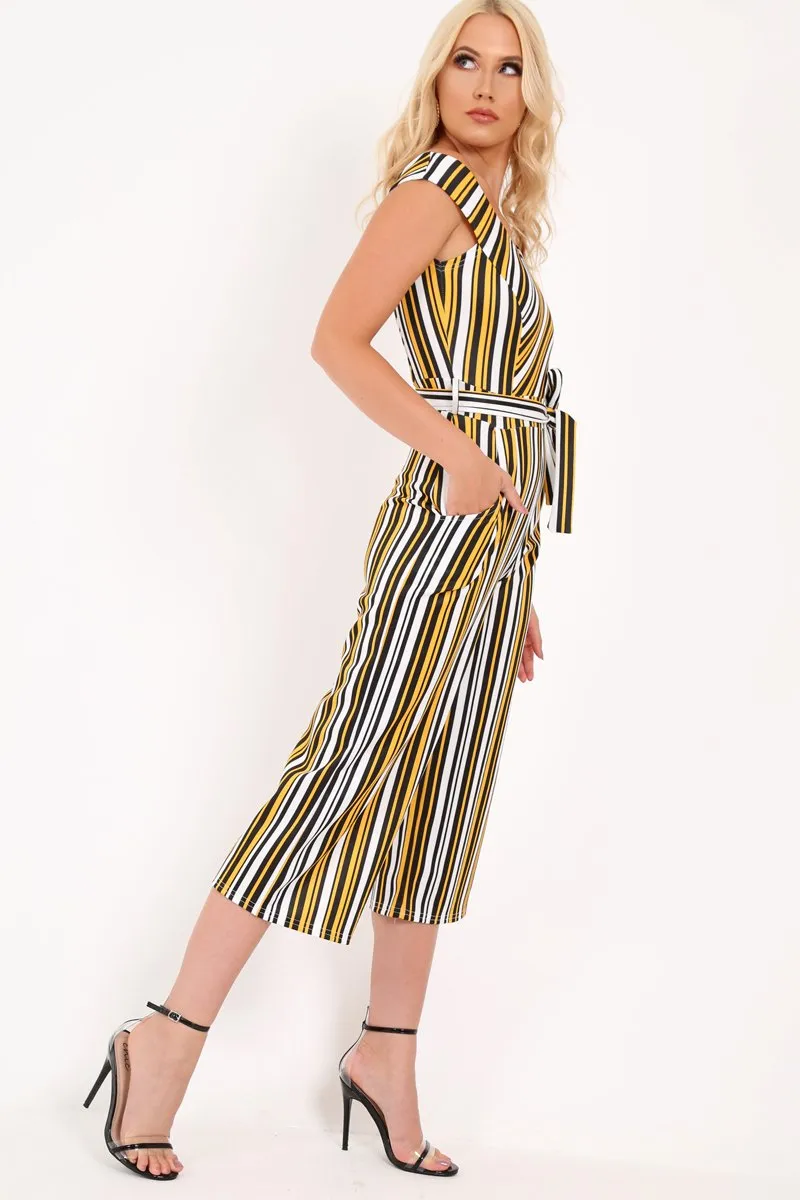 Mustard Stripe Bardot Culotte Jumpsuit - Idania